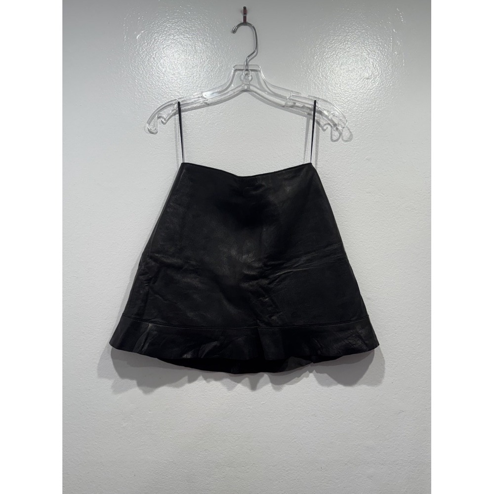 REFORMATION‎ Black Chee Chee Leather Mini Skirt Ruffle Hem Size 6 Boho Festival